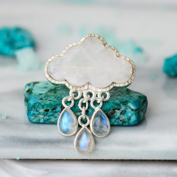 Cloud and Raindrops maansteenring voor vrouwen, sterlingzilveren ring, boho-ring, edelsteensteenring, natuurring