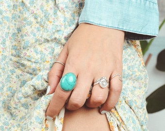 Large Turquoise Ring for Women, Sterling Silver Ring, Boho Jewelry, Natural Big Stone Ring, Statement Ring