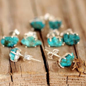 Raw Turquoise Earrings, Sterling Silver Cartilage Earrings, Uncut Gemstone Stud Earrings, Tiny Small Dainty Pair of Earrings image 1