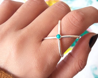 Criss Cross X Ring, Sterling Silver Ring for Women, Geometric Statement Ring with Stone, Turquoise Ring, Bohemian Jewelry