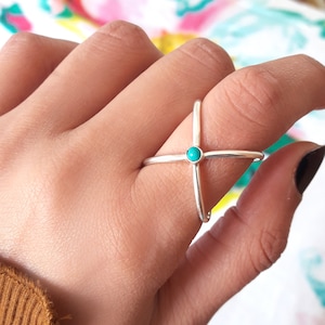 Criss Cross X Ring, Sterling Silver Ring for Women, Geometric Statement Ring with Stone, Turquoise Ring, Bohemian Jewelry