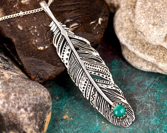 Boho Feather Turquoise Necklace, Sterling Silver Necklace for Women, Statement Long Chain Necklace, Pendant Charm Stone Gemstone Necklace
