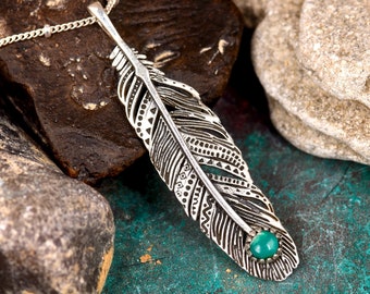 Boho Feather Turquoise Necklace, Sterling Silver Necklace for Women, Statement Long Chain Necklace, Pendant Charm Stone Gemstone Necklace