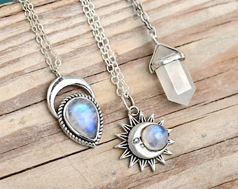 Sun and Moon Face Necklace, Moonstone Necklace, Sterling Silver Necklace for Women, Boho Celestial Jewelry, Pendant Charm Stone Necklace