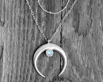 Moonstone Moon Necklace, Layered Necklace Set, Sterling Silver Necklace for Women, Boho Jewelry, Pendant Charm Stone Necklace