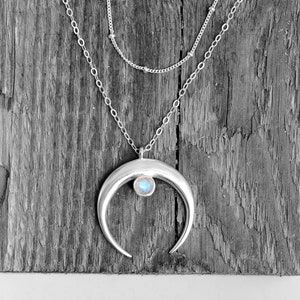 Moonstone Moon Necklace, Layered Necklace Set, Sterling Silver Necklace for Women, Boho Jewelry, Pendant Charm Stone Necklace
