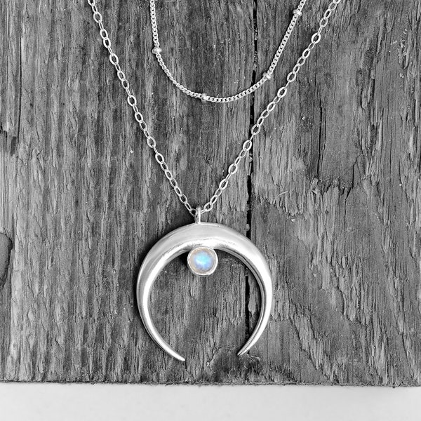 Collier lune pierre de lune, ensemble de colliers superposés, collier en argent sterling pour femme, bijoux bohème, collier pendentif pierre à breloque