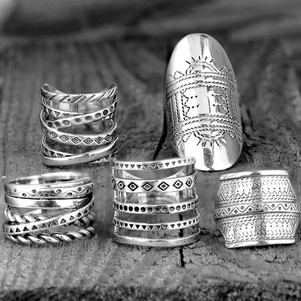 Boho Statement Ring, Sterling zilveren ring voor vrouwen, dikke ring, lange grote grote ring, gegraveerde ring, westerse sieraden