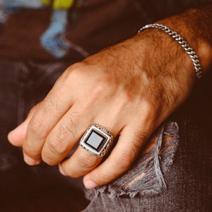 Black Onyx Signet Ring Men, Sterling Silver Mens Ring, Square Stone Ring, Handmade Large Big Ring