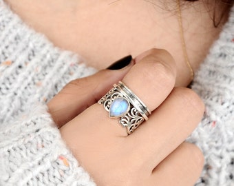 Moonstone Spinner Ring, Sterling Silver Ring for Women, Meditation Fidget Ring, Wide Band Filigree Ring, White Stone, Boho Worry Ring