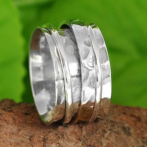 Wide Band Spinner Ring, Fidget Ring, 925 Sterling Silver Rings for Women Men, Meditation Worry Simple Ring, Chunky Hammered Spinning Ring