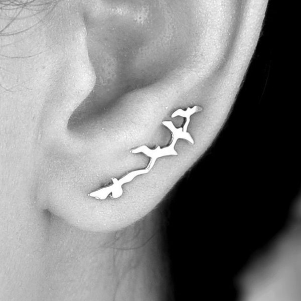 Birds Earrings Ear Climber Ear Crawler Sterling Silver Nature Animals Long Pins, Pair of Earrings