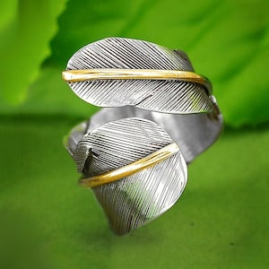 Boho Feather Ring, Wrap Ring, 925 Sterling Silver Ring, Adjustable Thumb Ring, Two Tone Statement Ring, Leaf Ring, Bohemian Rings for Women