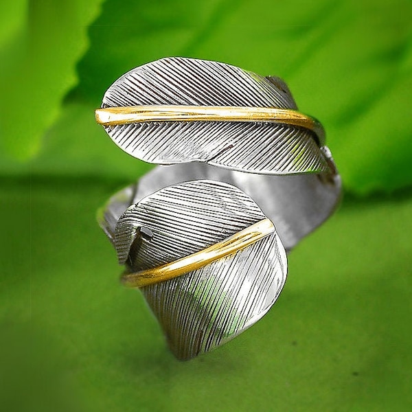 Boho Feather Ring, Wrap Ring, 925 Sterling Silver Ring, Adjustable Thumb Ring, Two Tone Statement Ring, Leaf Ring, Bohemian Rings for Women