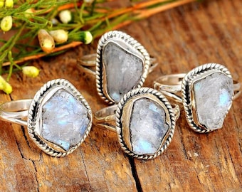 Raw Moonstone Ring, Sterling Silver Rings for women, Natural Uncut Gemstone Crystal Raw Stone Ring