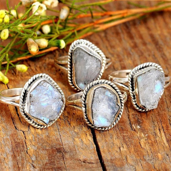 Raw Moonstone Ring, Sterling Silver Rings for women, Natural Uncut Gemstone Crystal Raw Stone Ring