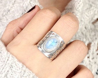 Filigree Rainbow Moonstone Ring, Sterling Silver Rings for Women, Boho Simple Ring with Stone, Statement Cocktail Large Gemstone Ring Jewelr