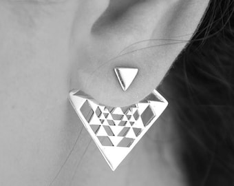Geometric Ear Jacket, Sterling Silver Front Back Earrings, Boho Drop Triangle Stud Pair of Earrings