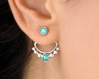 Turquoise Earrings Ear Jacket Stud, Sterling Silver, Front Back Earrings, Bohemian Pair of Earrings