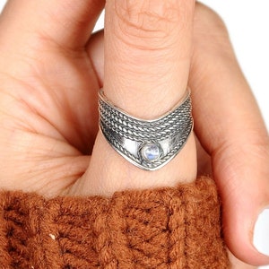 Thumb Ring, Chevron Moonstone Ring, Boho Sterling Silver Ring for Women, Simple Ring, Stone Gemstone, Bohemian Jewelry