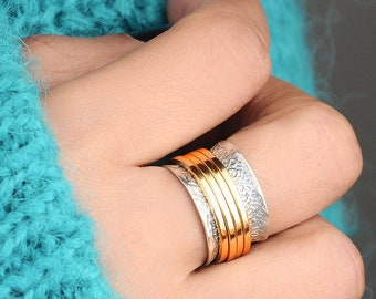 Meditation Ring, Spinner Ring, Wide Band, Two Tone Ring, Spinning Ring, Worry Ring, Boho Ring, Rings for Women, 925 Silver Ring, Sterling Si