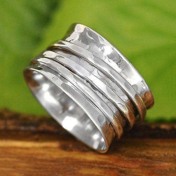 Spinner Ring, Sterling Silver Ring for Women, Boho Chunky Ring, Wide Band Fidget Ring, Hammered Handmade Meditation Ring,