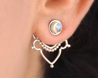 Moonstone Earrings, Ear Jacket Stud, Sterling Silver Front Back Earrings, Bohemian Boho