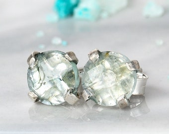 Aquamarine Earrings, Sterling Silver Stud Earrings, Natural Gemstone, Tiny Small Dainty Pair of Cartilage Earrings