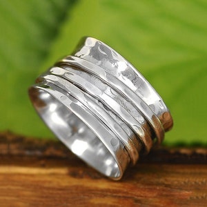 Anello Spinner, anello in argento sterling per donna, anello Boho Chunky, anello Fidget a fascia larga, anello di meditazione martellato fatto a mano,