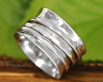 Spinner Ring, Sterling Silver Ring for Women, Boho Chunky Ring, Wide Band Fidget Ring, Hammered Handmade Meditation Ring,