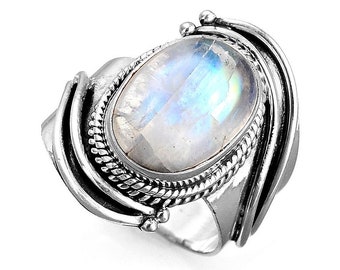 Boho Moonstone Ring for Women, Sterling Silver Ring with Stone, Big Gemstone Ring, Chunky Bohemian Gypsy Hippie Jewelry