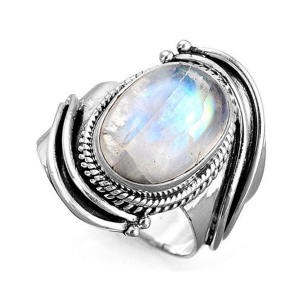 Boho Moonstone Ring for Women, Sterling Silver Ring with Stone, Big Gemstone Ring, Chunky Bohemian Gypsy Hippie Jewelry