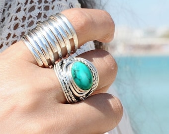 Boho Turquoise Ring, Sterling Silver Ring for Women, Statement Ring, Big Stone Gemstone Ring, Chunky Cocktail Ring, Bohemian Jewelry