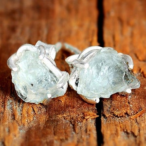 Raw Aquamarine Earrings, Sterling Silver Stud Natural Uncut Gemstone, Tiny Small Pair of Earrings