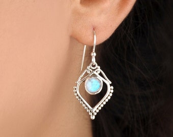 Silver Gemstone Earrings Bridesmaid Earring Rainbow Moonstone Silver Earrings June Birthstone Earrings Bezel Drop Earring J792