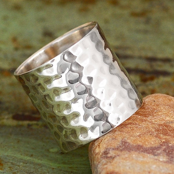Cuff Ring -  Sterling silver Ring for Women, Wide Band Hammered Statement Ring,  Boho Simple Jewelry, Tube Long Ring