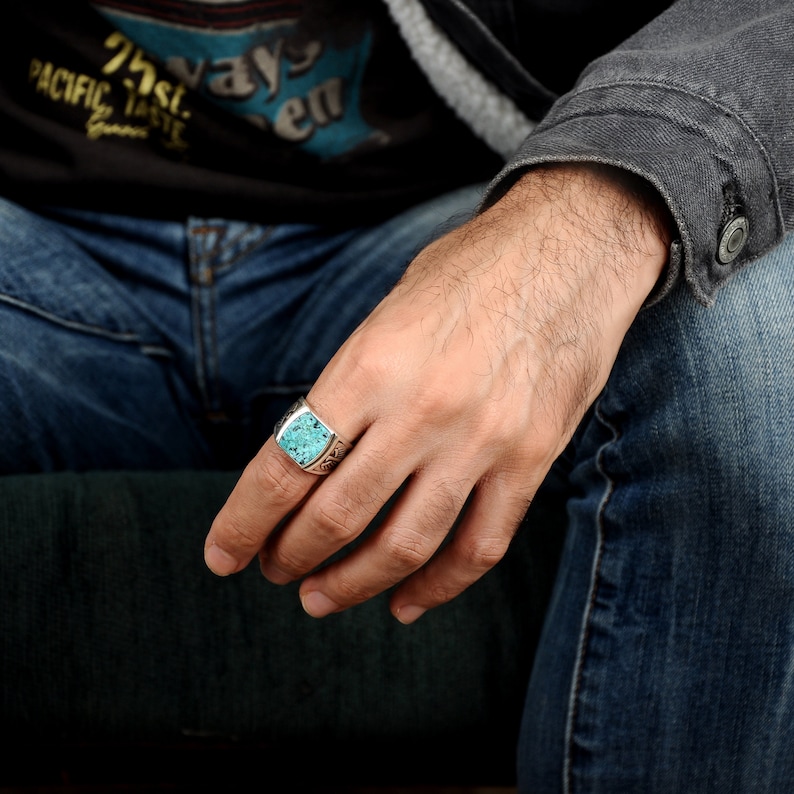 Eagle Turquoise Ring for Men, Sterling Silver Mens Ring, Square Stone Ring, Signet Ring, Alternative Engagement Ring image 9