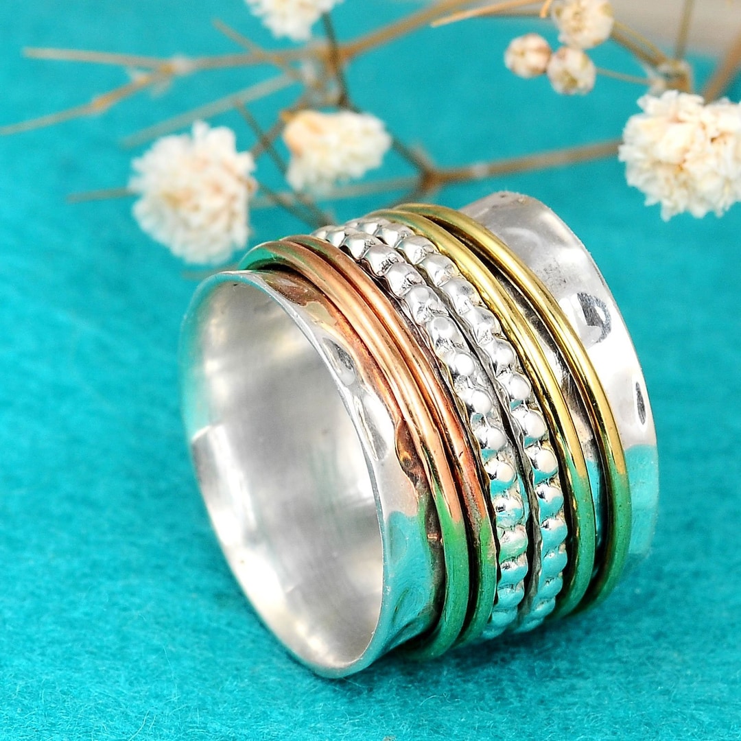 Wide Band Spinner Ring, Sterling Silver Ring, Fidget Meditation Ring ...