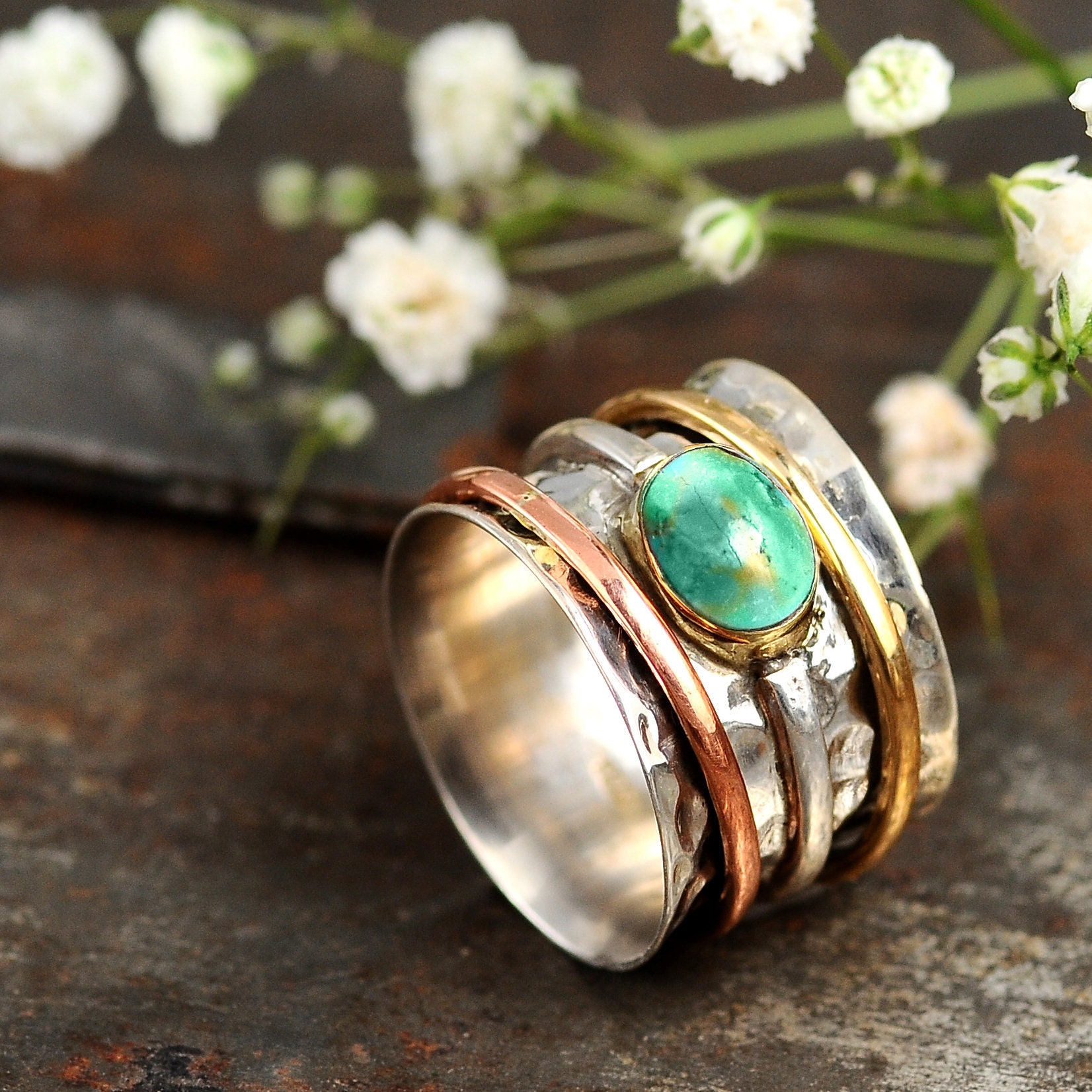 Wonderful Round Shape Natural Turquoise Gemstone 925 Sterling Silver Spinner Ring Texture Handcrafted Ring Wide Band