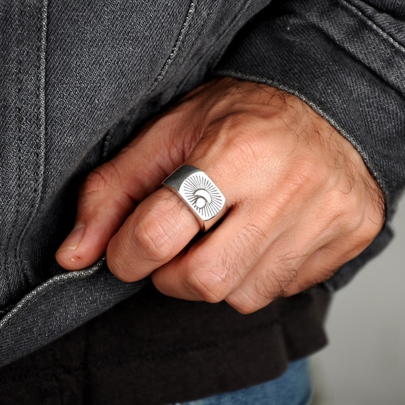 Sun and Moon Ring Signet Ring for Men Sterling Silver Mens Ring
