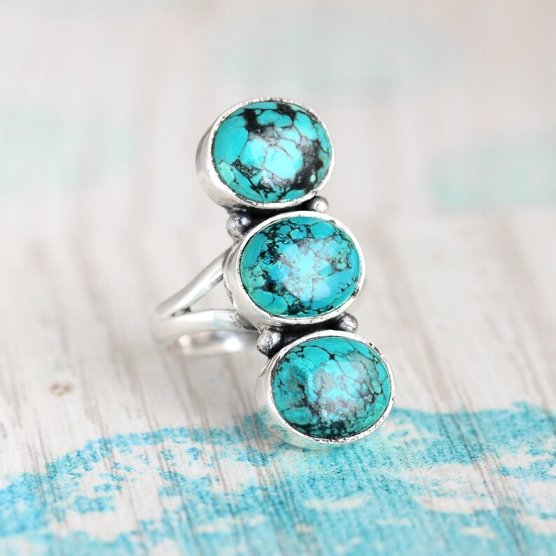 Three Stone Turquoise Ring, Sterling Silver Ring for Women, Long Large ...