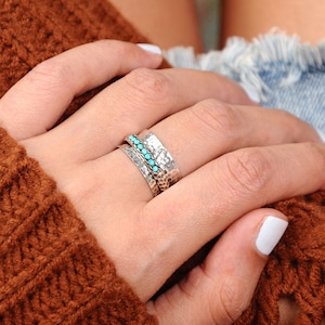 Turquoise Spinner Ring, Sterling Silver Ring for Women, Meditation Ring with Stone, Worry Fidget Ring Band, Oxidized Silver Hammered Ring image 8