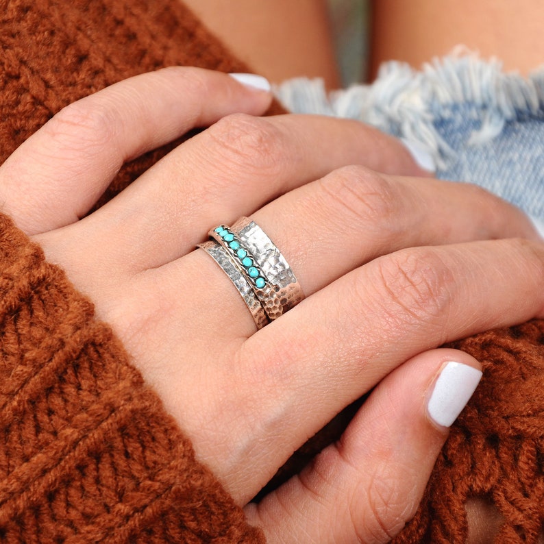 Turquoise Spinner Ring, Sterling Silver Ring for Women, Meditation Ring with Stone, Worry Fidget Ring Band, Oxidized Silver Hammered Ring image 8