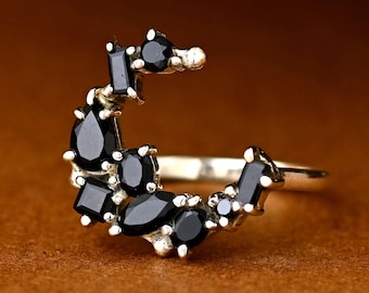 Black Onyx Moon Ring | Sterling Silver Boho Gemstone Ring for Women, Unique Celestial Jewelry, Statement Ring