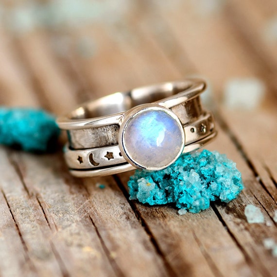 Stars and Moon Ring Moonstone Ring Fidget Spinner Ring Sterling Silver Ring for Women Meditation Anxiety Ring Boho Celestial Jewelry Etsy