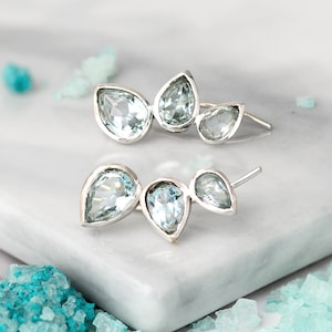 Aquamarine Earrings, Ear Climber, Crawler Cuff, Sterling Silver Earrings, Blue Gemstone Stone Teardrop Earrings