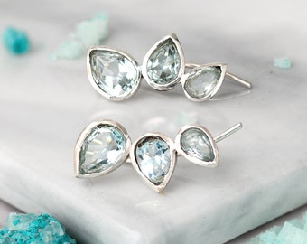 Aquamarine Earrings, Ear Climber, Crawler Cuff, Sterling Silver Earrings, Blue Gemstone Stone Teardrop Earrings