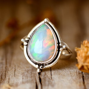 Opal Teardrop Ring for Women, Sterling Silver Ring, Gemstone Ring, Pear Ring