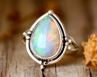 Opal Teardrop Ring for Women, Sterling Silver Ring, Gemstone Ring, Pear Ring