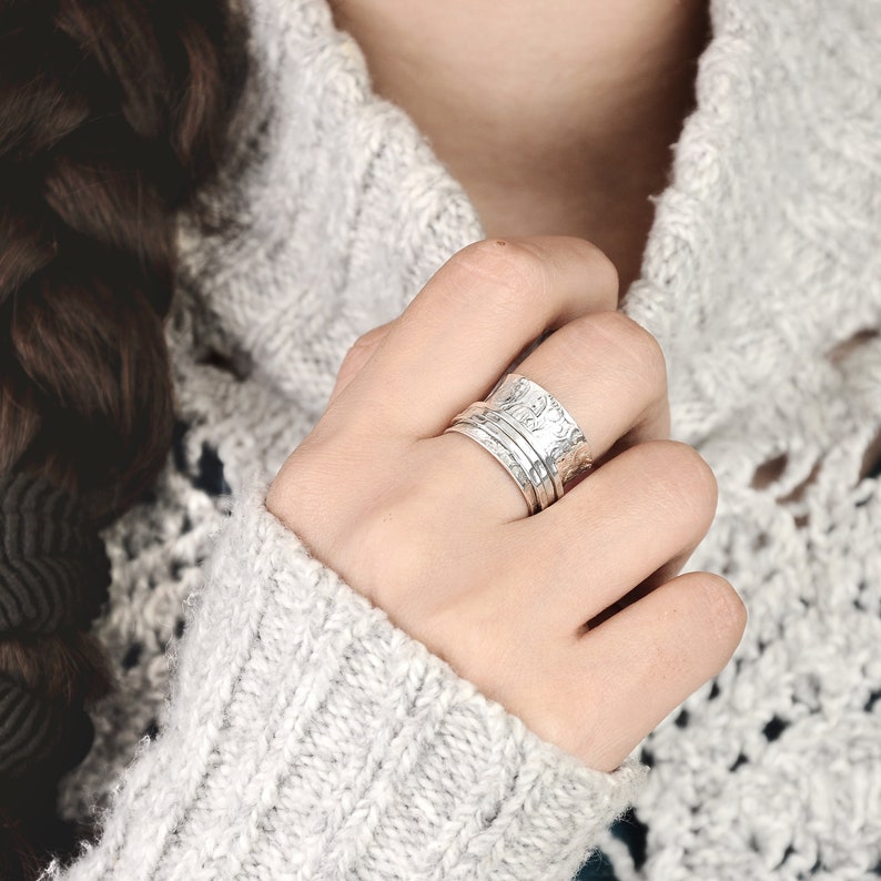Spinner Ring, Worry Ring, Sterling Silver Ring for Women, Boho Chunky Ring, Wide band Fidget Ring, Ethnic Handmade Meditation Ring, image 9